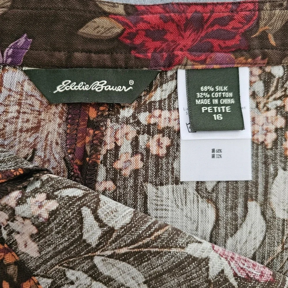 Vtg Eddie Bauer Silk Midi Skirt 16P Brown Dark Floral Earthy Fall Cottage Boho